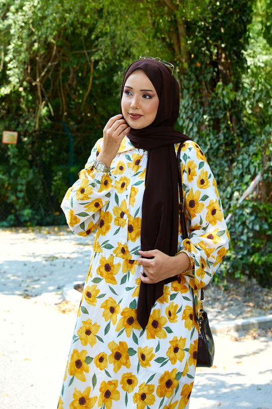 Shirt Collar Modal Patterned Hijab Dress Yellow
