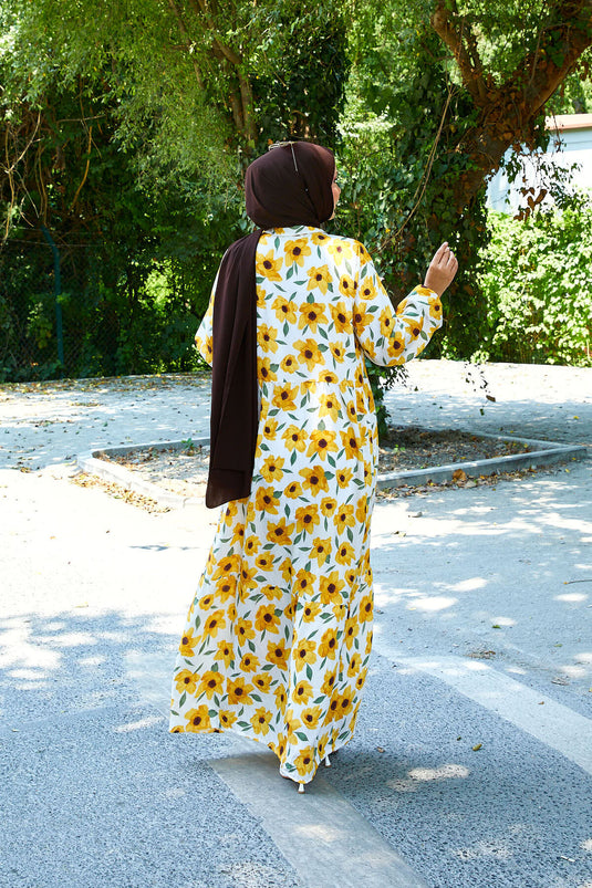 Shirt Collar Modal Patterned Hijab Dress Yellow