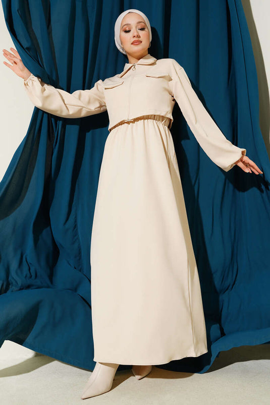 Ensemble gilet à col chemise et fermeture éclair sur le devant, beige