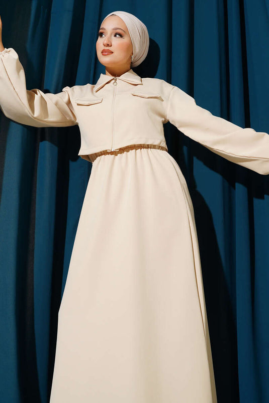 Gömlek Yaka Önü Fermuarlı Jile Takım Bej