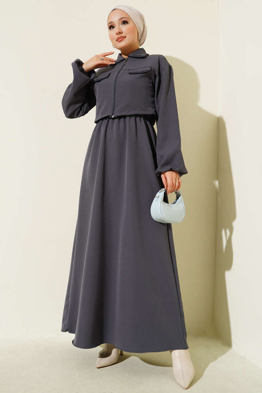 Ensemble gilet à col chemise et fermeture éclair sur le devant, gris foncé