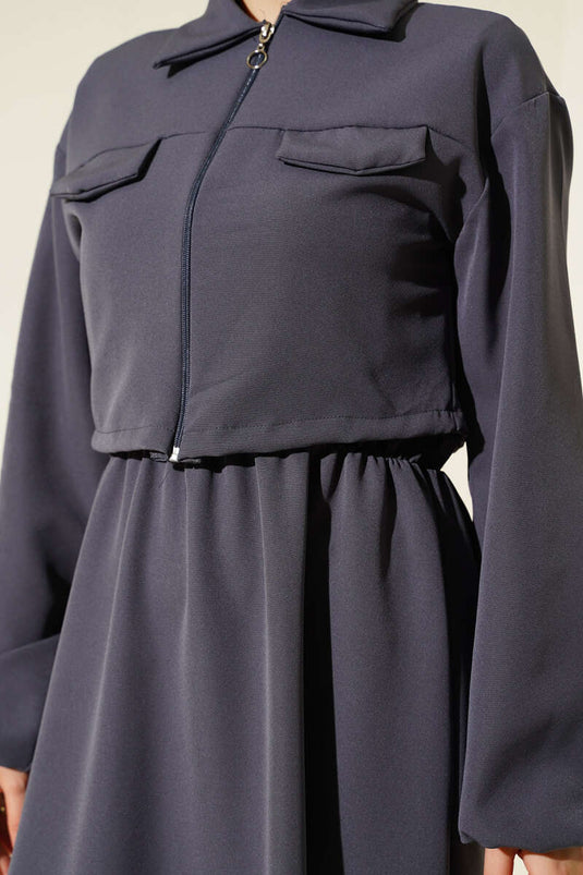 Ensemble gilet à col chemise et fermeture éclair sur le devant, gris foncé