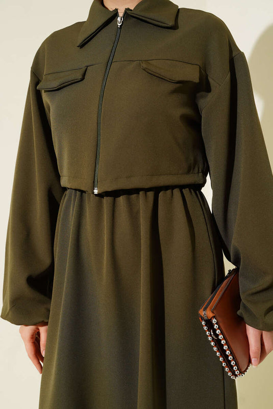 Ensemble chemise-col et gilet à fermeture éclair sur le devant, kaki