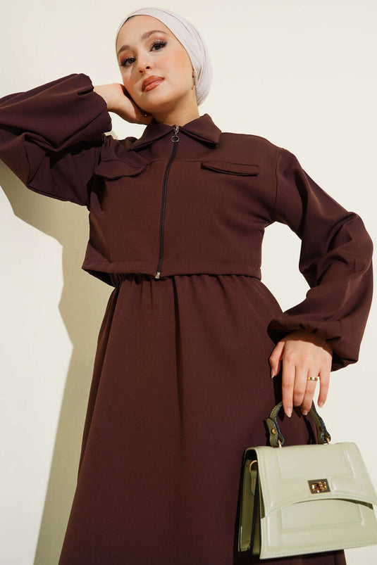 Ensemble gilet à col chemise et fermeture éclair sur le devant, couleur café