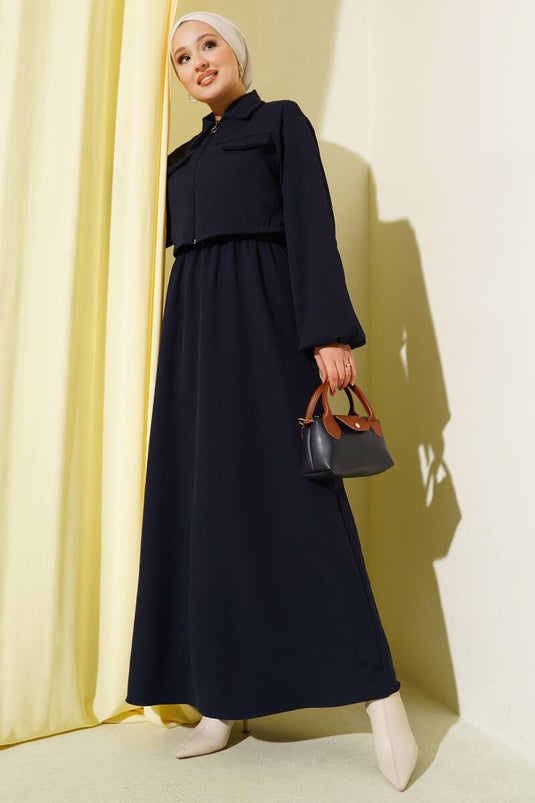 Chemise à col montant et fermeture éclair sur le devant, gilet bleu marine