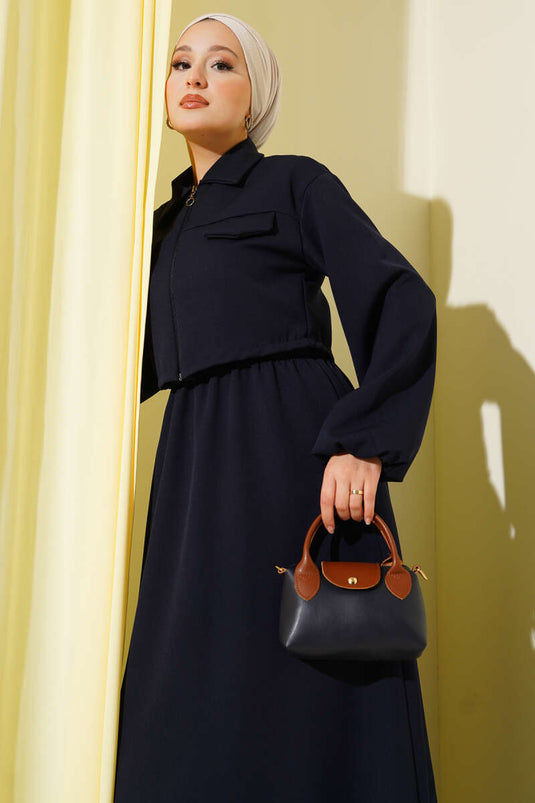 بدلة زرقاء داكنة بياقة قميص وسحاب أمامي وسحاب أمامي