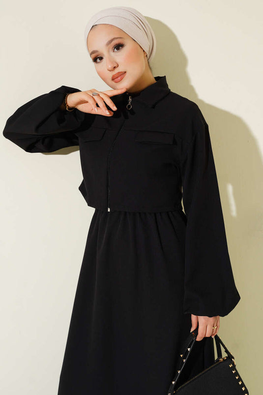 طقم قميص أسود بياقة وسحاب أمامي وسترة بياقة وسحاب أمامي