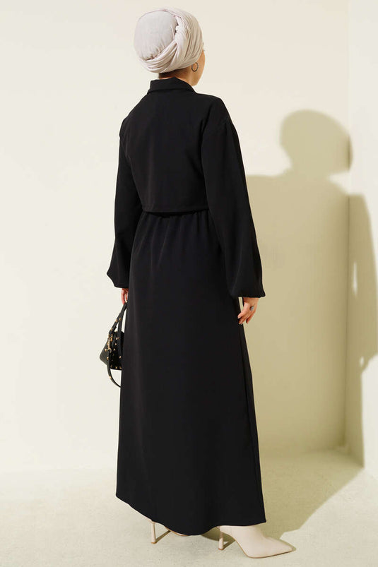 طقم قميص أسود بياقة وسحاب أمامي وسترة بياقة وسحاب أمامي