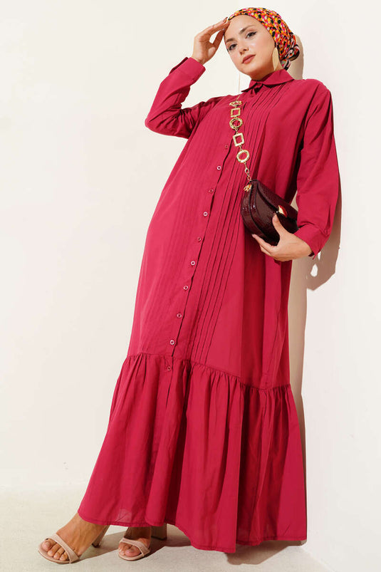 Gömlek Yaka Önü Pileli Elbise Lacivert Bordo