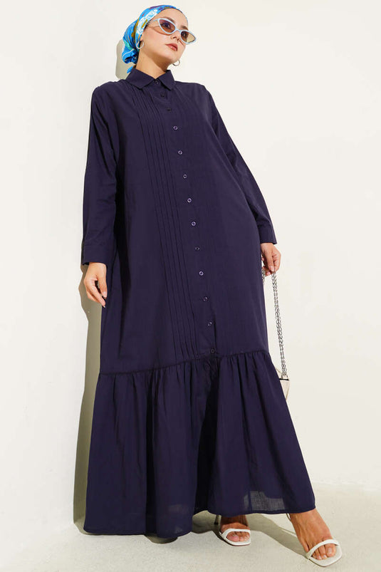 Gömlek Yaka Önü Pileli Elbise Lacivert
