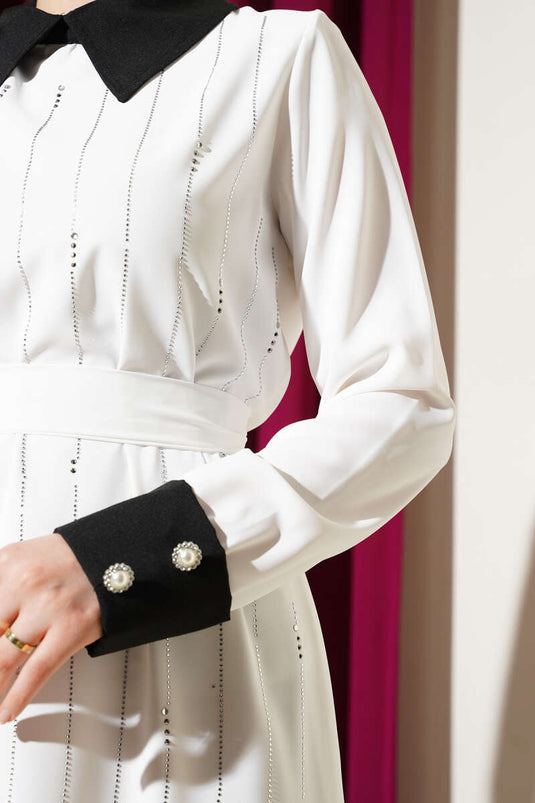 Gömlek Yaka Önü Taşlı Elbise Beyaz