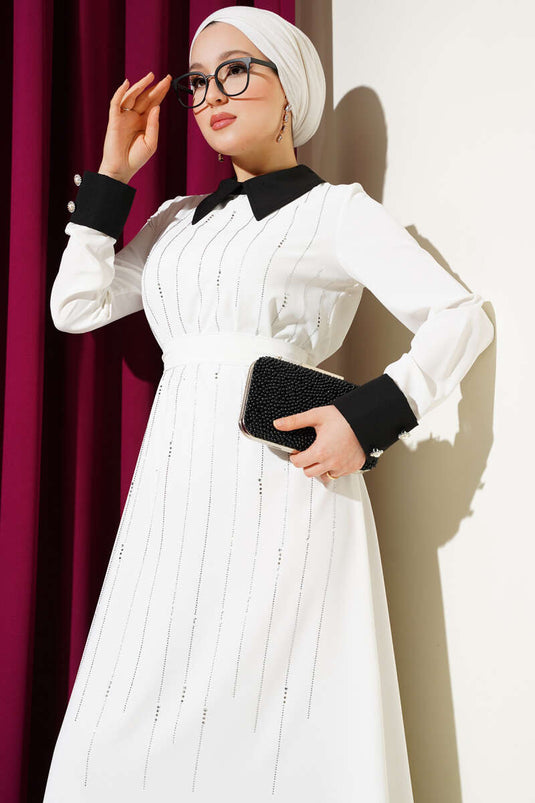 Gömlek Yaka Önü Taşlı Elbise Beyaz