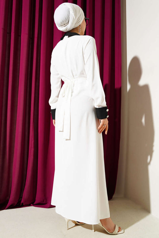 Gömlek Yaka Önü Taşlı Elbise Beyaz