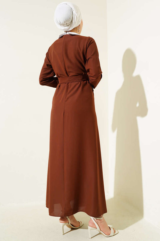 Gömlek Yaka Önü Taşlı Elbise Kahve