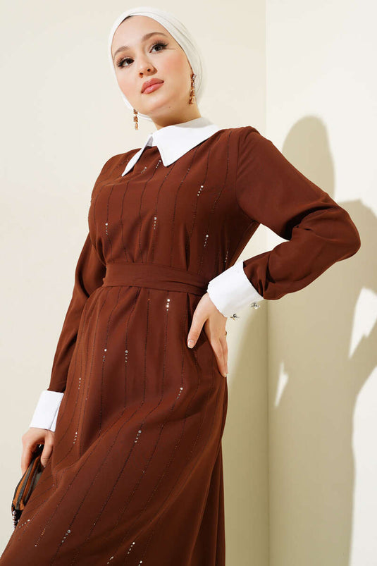 Gömlek Yaka Önü Taşlı Elbise Kahve