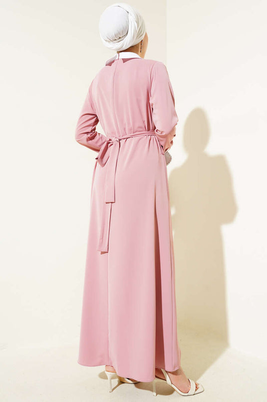 Gömlek Yaka Önü Taşlı Elbise Pudra