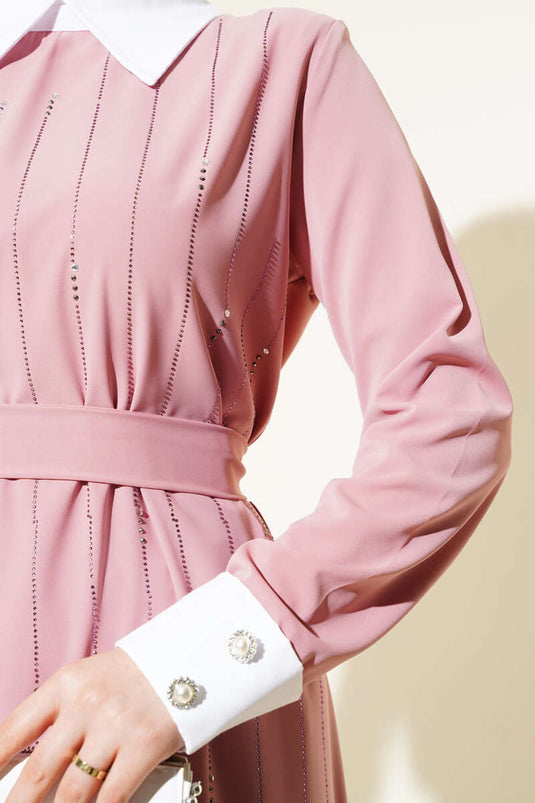 Gömlek Yaka Önü Taşlı Elbise Pudra