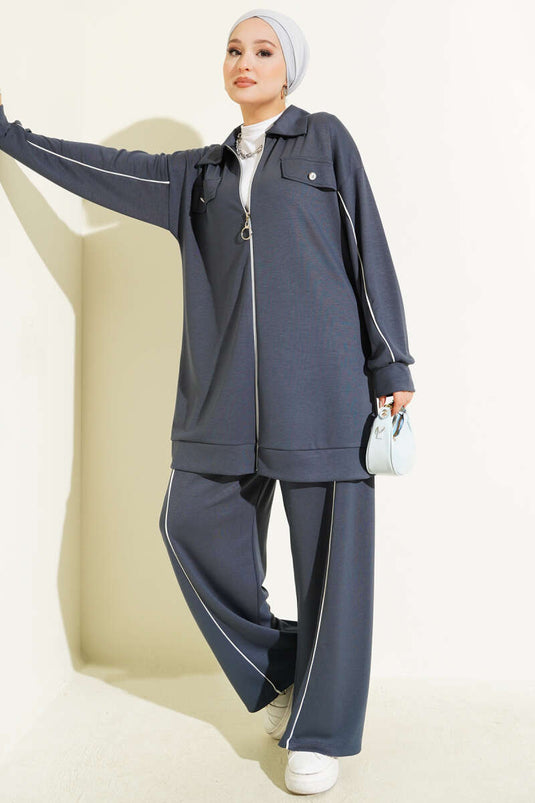 Shirt Collar Faux-Pocket Loyşa Two-Piece Set Fume