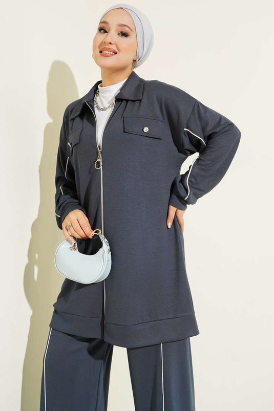 Shirt Collar Faux-Pocket Loyşa Two-Piece Set Fume