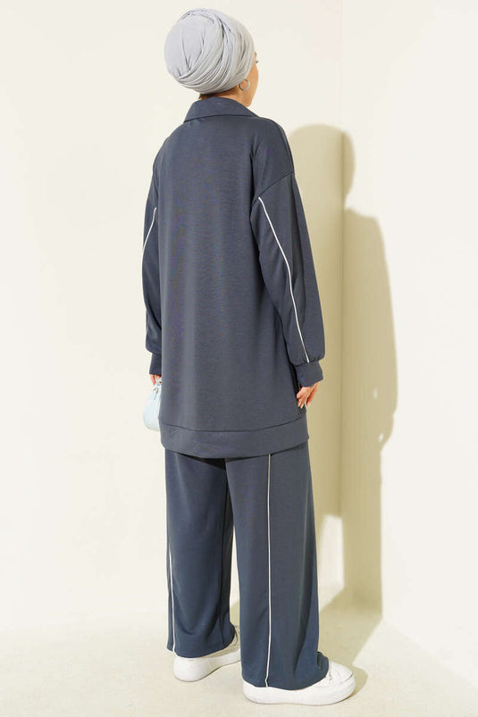 Shirt Collar Faux-Pocket Loyşa Two-Piece Set Fume