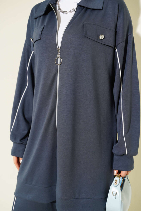 Shirt Collar Faux-Pocket Loyşa Two-Piece Set Fume