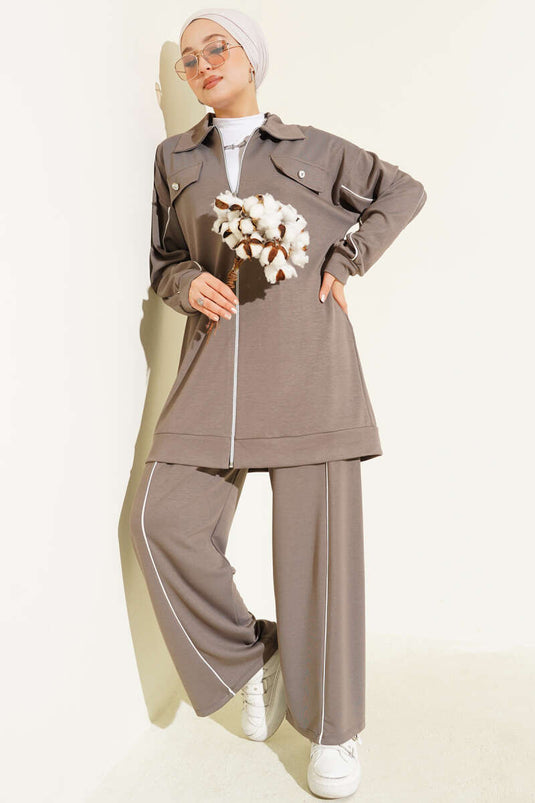 Shirt Collar Faux Pocket Loyşa Two-Piece Set Mink