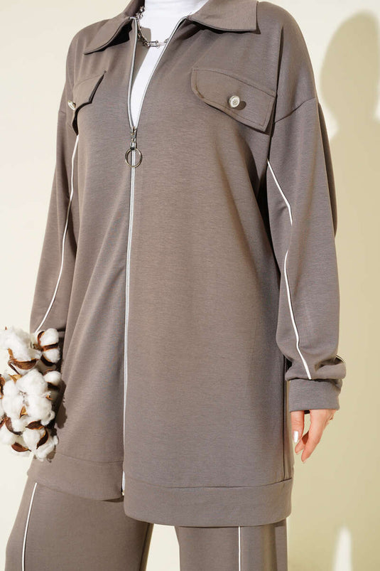 Shirt Collar Faux Pocket Loyşa Two-Piece Set Mink