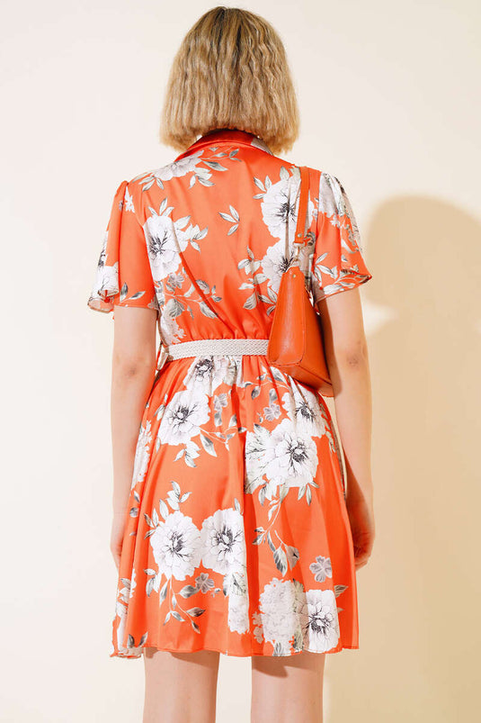 Gömlek Yaka Saten Elbise Oranj