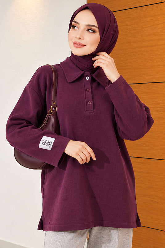 Gömlek Yaka Selanik Kumaş Tunik Mürdüm