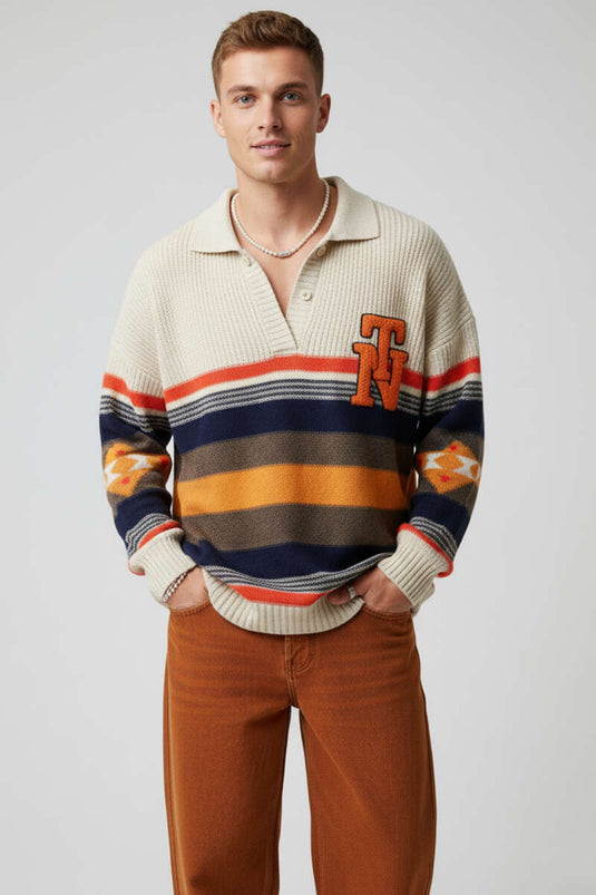 Men's Knitted Sweater with Shirt Collar Stripe in Stone Pattern