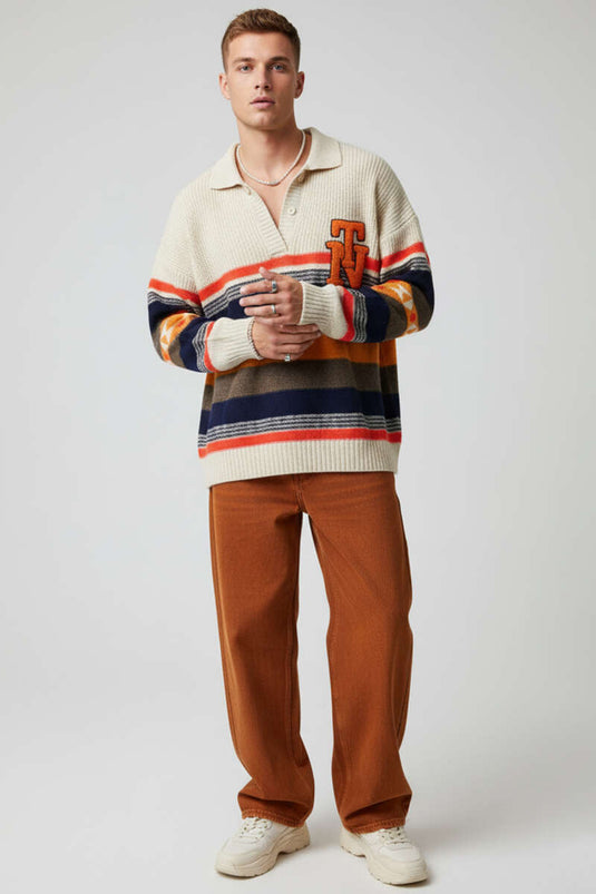 Men's Knitted Sweater with Shirt Collar Stripe in Stone Pattern