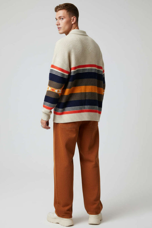 Men's Knitted Sweater with Shirt Collar Stripe in Stone Pattern