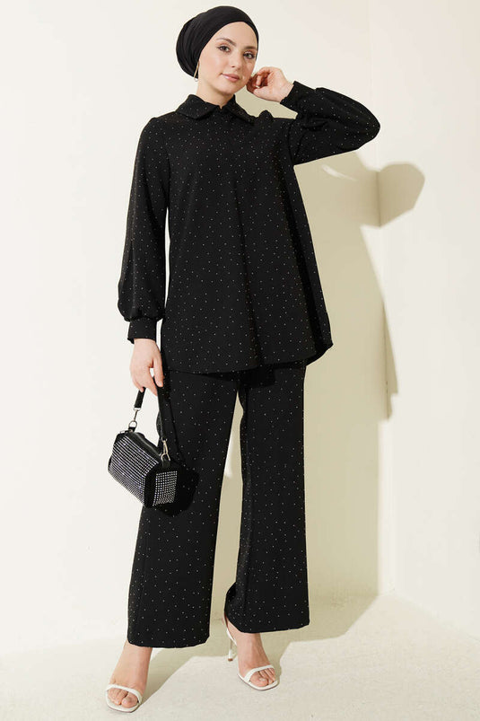 Shirt Collar Stone-Embellished Two-Piece Set Black