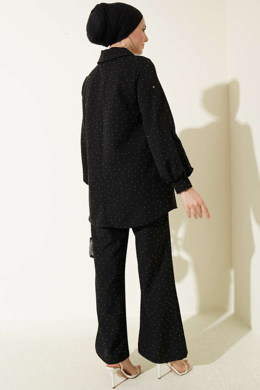 Shirt Collar Stone-Embellished Two-Piece Set Black