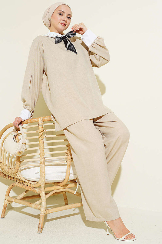 Beige Loose-Fit Two-Piece Set with Shirt Collar and Stones
