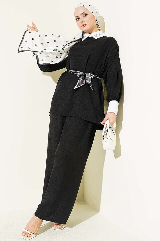 Ensemble décontracté deux pièces col chemise avec pierres noir