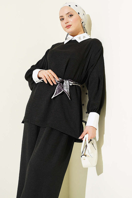 Ensemble décontracté deux pièces col chemise avec pierres noir