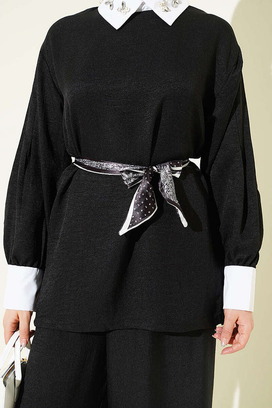 Ensemble décontracté deux pièces col chemise avec pierres noir
