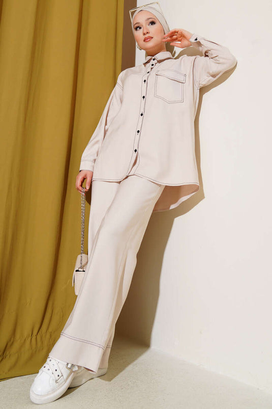Gömlek Yaka Tek Cepli İkili Takım Bej