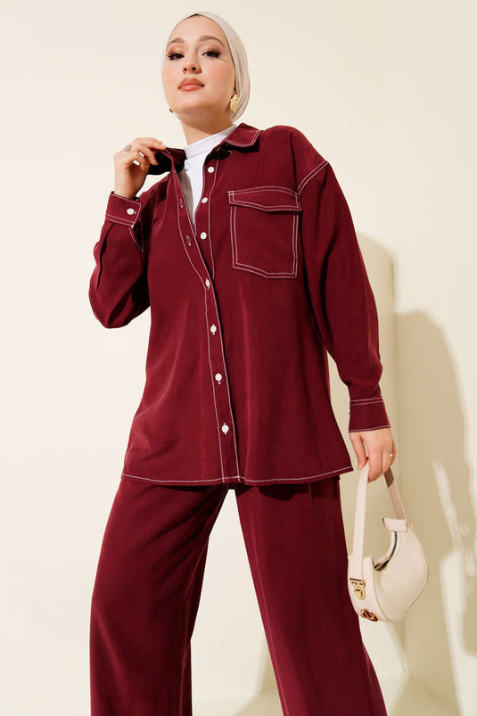 Costume deux pièces à col chemise et poche unique bordeaux