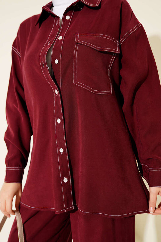 Costume deux pièces à col chemise et poche unique bordeaux