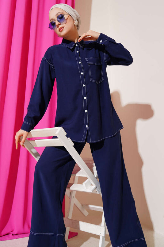 Gömlek Yaka Tek Cepli İkili Takım Lacivert