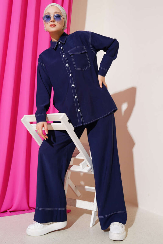 Gömlek Yaka Tek Cepli İkili Takım Lacivert