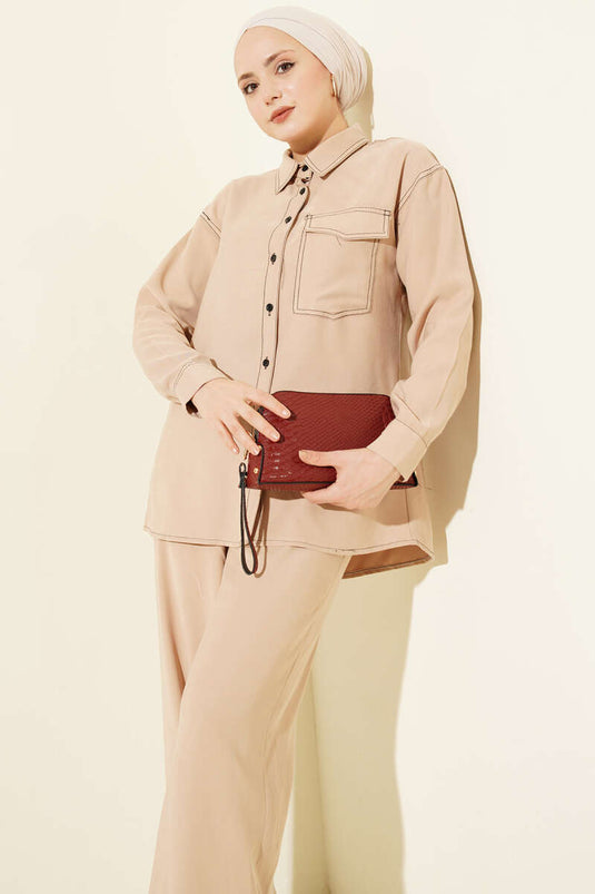 Gömlek Yaka Tek Cepli İkili Takım Latte