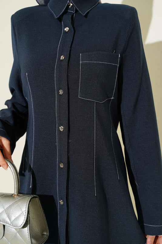 طقم بجيب واحد وياقة قميص باللون الأزرق الداكن