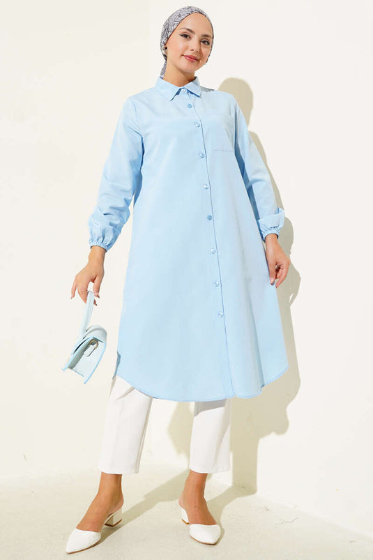 Gömlek Yaka Tek Cepli Uzun Gömlek Bebe Mavi