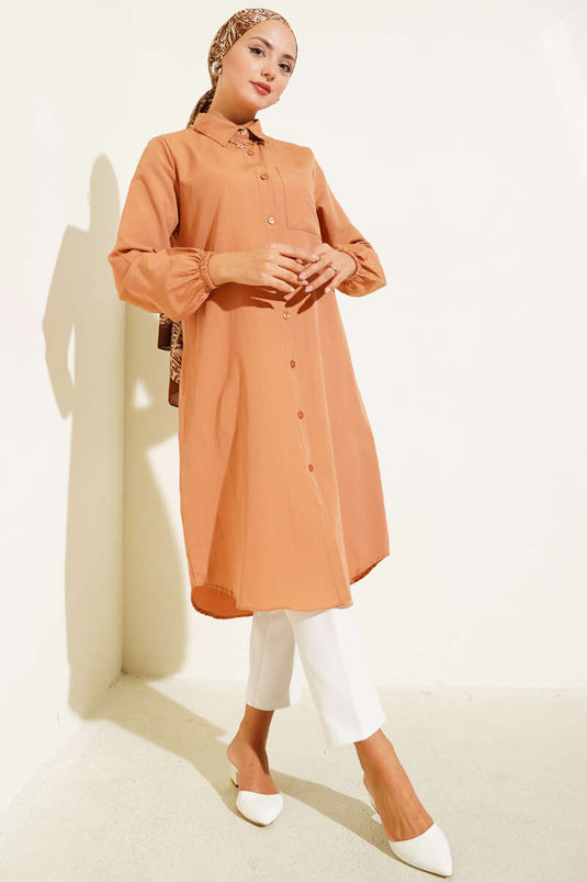 Gömlek Yaka Tek Cepli Uzun Gömlek Camel