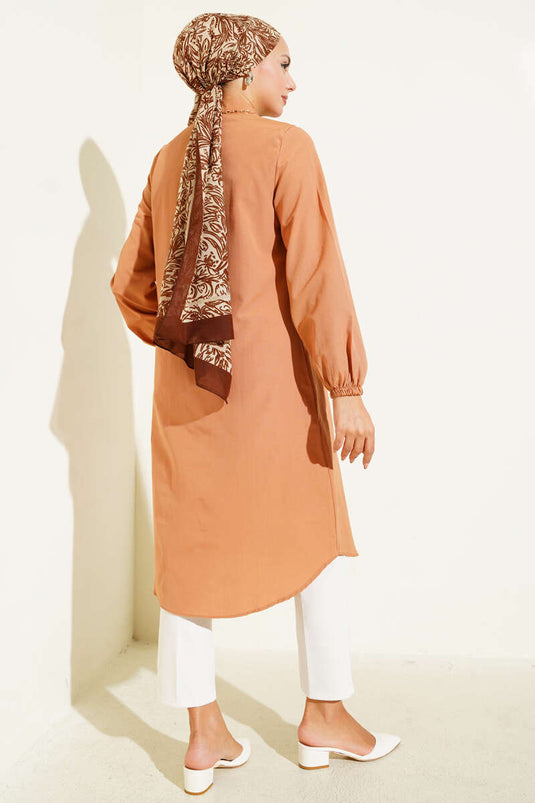 Gömlek Yaka Tek Cepli Uzun Gömlek Camel