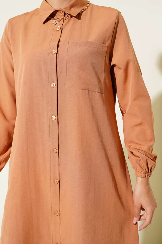 Gömlek Yaka Tek Cepli Uzun Gömlek Camel