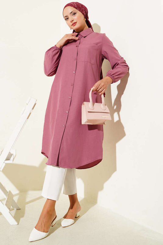 Gömlek Yaka Tek Cepli Uzun Gömlek Gül Kurusu